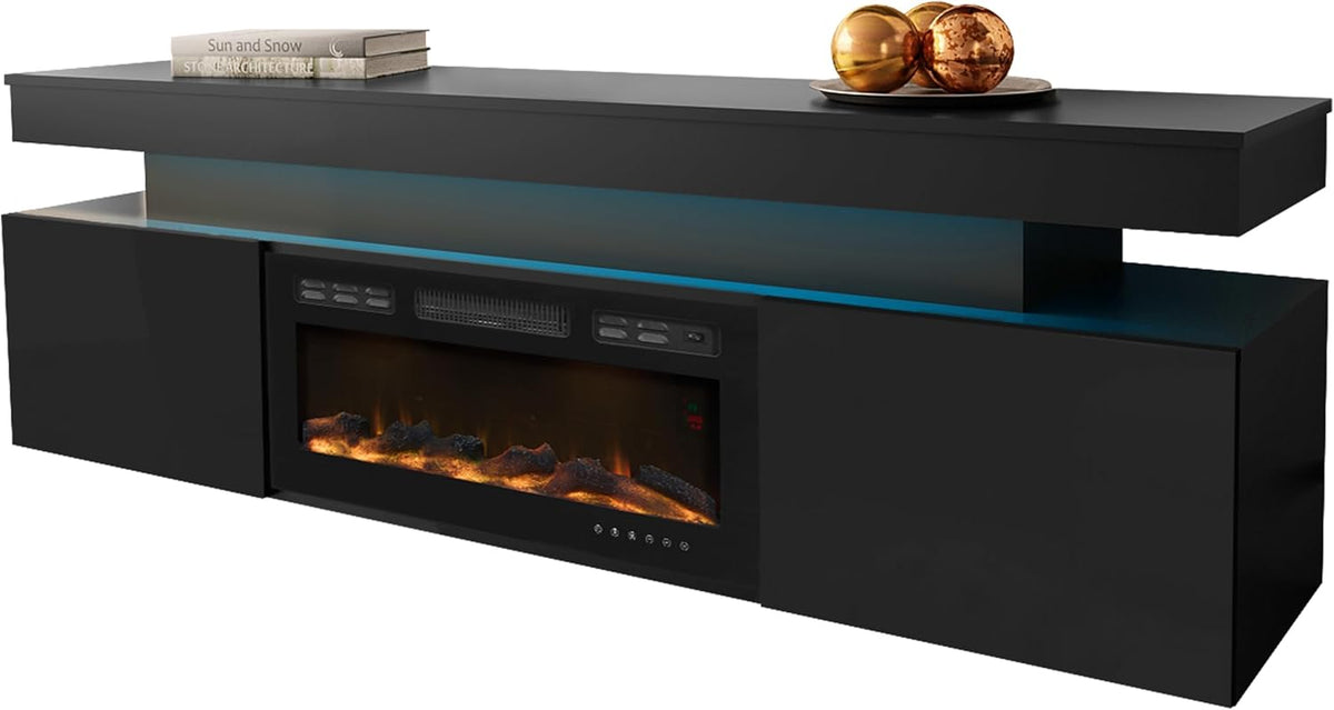 Mueble de TV Mirjan24 Serkuzo EF 2D con chimenea eléctrica, práctico mueble para televisión, soporte de TV con apertura sin tiradores, llama LED realista (negro/negro de alto brillo)