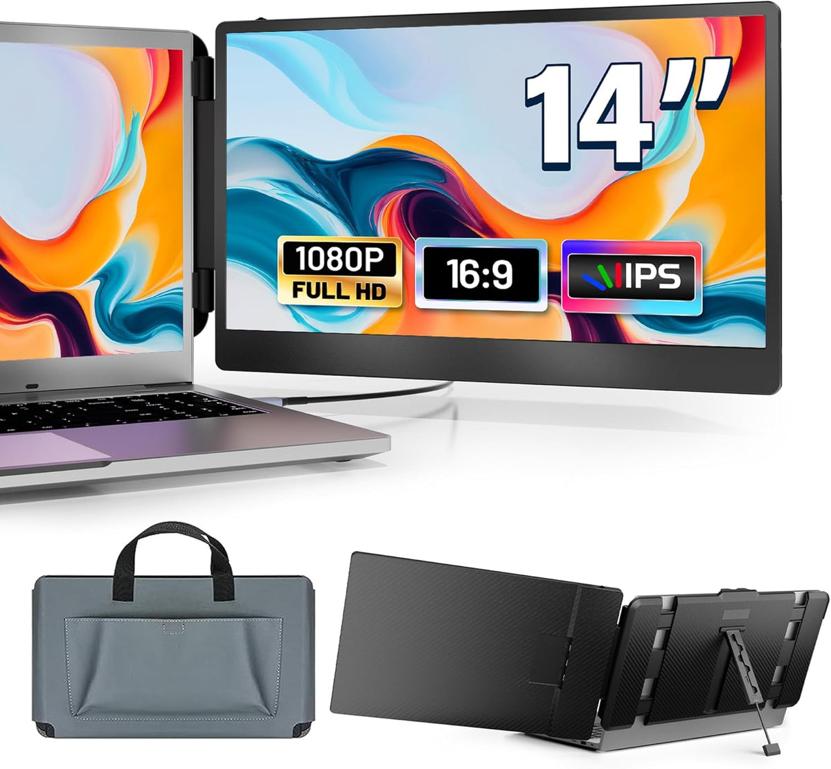 Monitor para portátil domyfan, extensión de pantalla doble FHD de 14" 1080P para portátil, Plug and Play, para Windows, Mac, Chrome, Android, Xbox, Switch, PS5, con 13.3"-17"