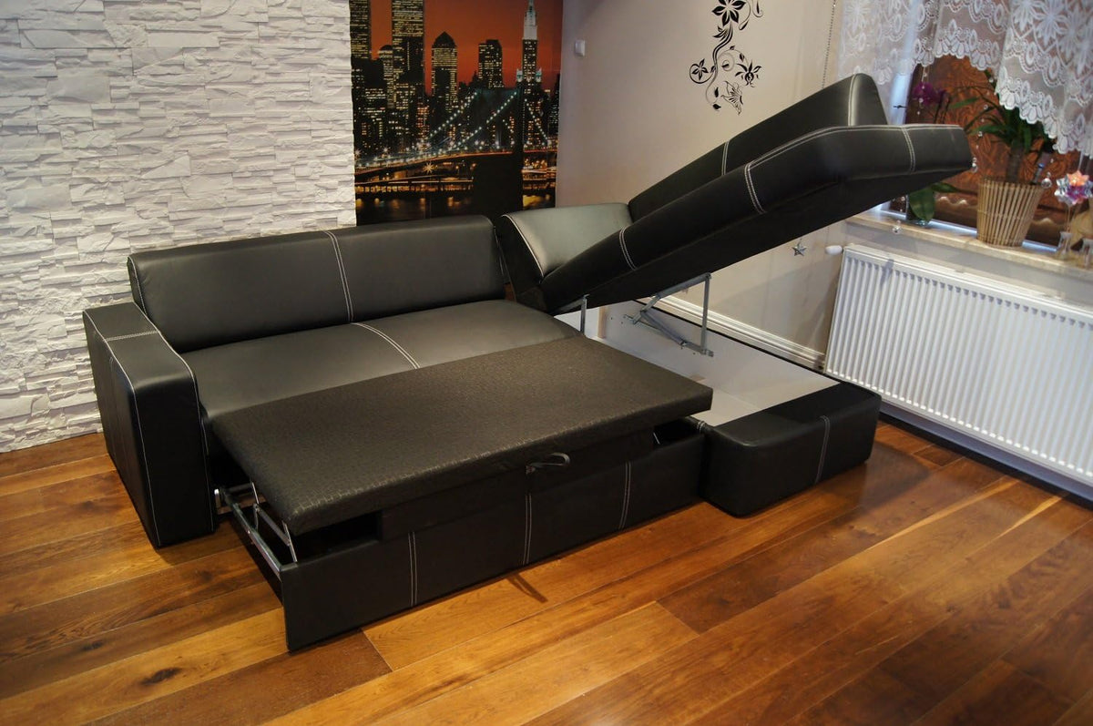 Sofá esquinero de piel auténtica Antalya I 245 x 164 cm negro, cuero con costuras decorativas, sofá con función cama y arcón, sofá esquinero de piel auténtica