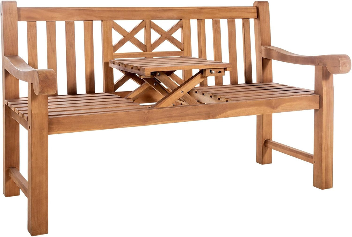 Banco de teca Luka de CLP | Banco de jardín resistente a la intemperie con mesa plegable, color: teca, tamaño: 150 cm