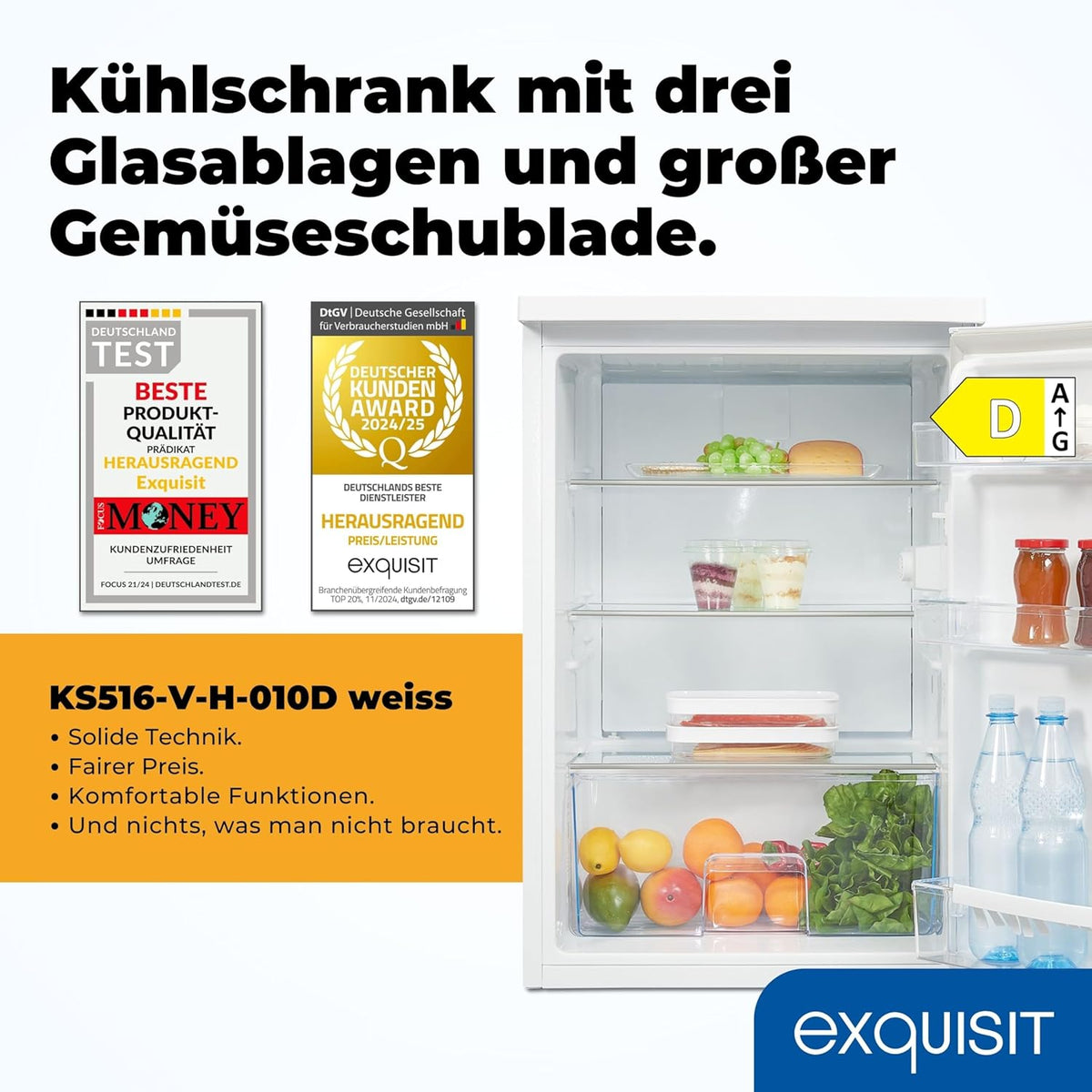 Refrigerador Exquisit sin congelador, 133 litros, frigorífico de una puerta independiente, sentido de apertura de puerta reversible, KS516-V-H-010D blanco