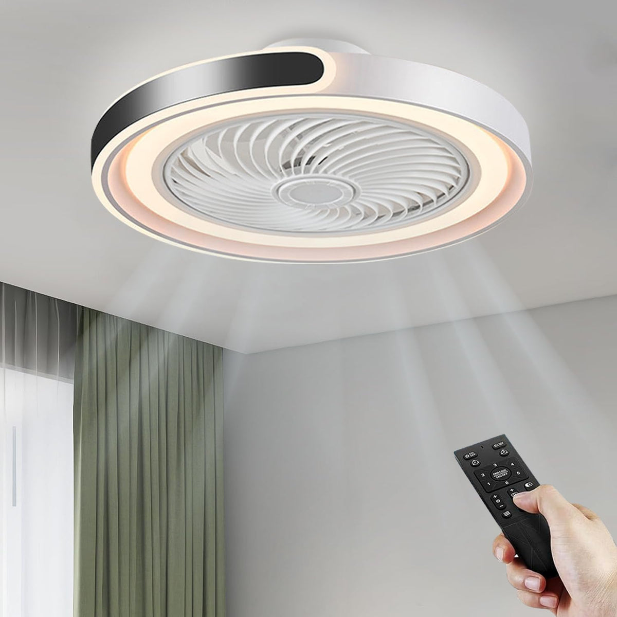 Ventilador de techo con iluminación y mando a distancia, regulable, lámpara de techo con ventilador y APP, silencioso, con temporizador - 6 velocidades, modo verano e invierno (blanco y negro)