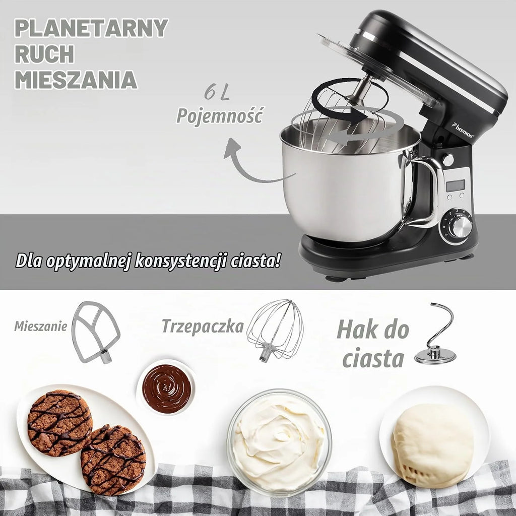 Bestron Robot kuchenny, Super Silent (65 db) robot kuchenny 4-1 z silnikiem DC, miska do mieszania 6 litrów, w zestawie hak do zagniatania, trzepaczka i ubijak do ciasta, 6 stopni prędkości + funkcja