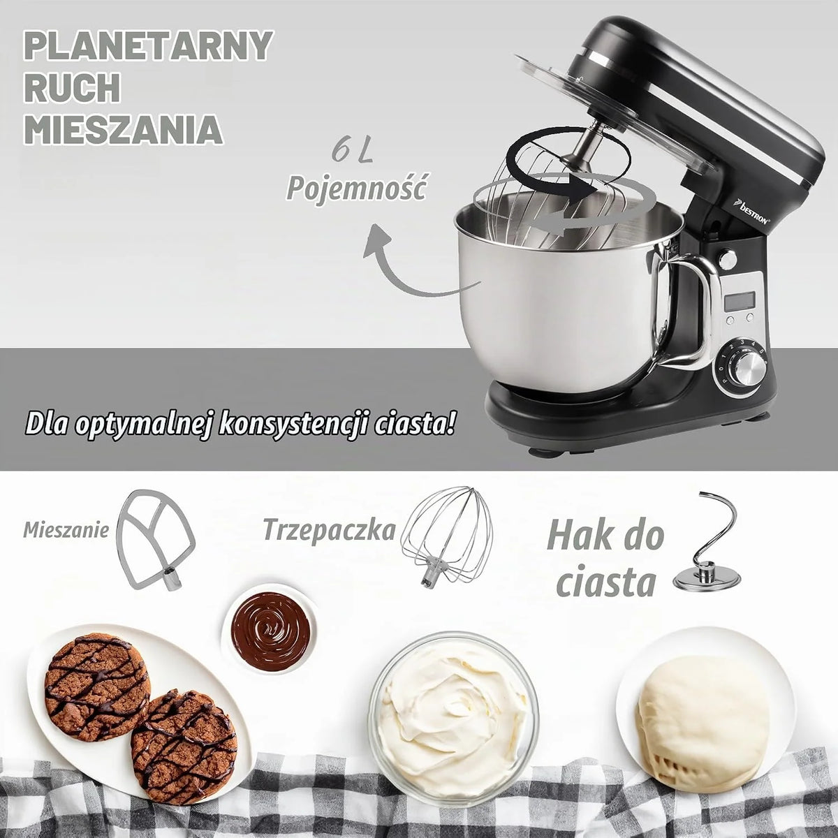 Bestron Robot kuchenny, Super Silent (65 db) robot kuchenny 4-1 z silnikiem DC, miska do mieszania 6 litrów, w zestawie hak do zagniatania, trzepaczka i ubijak do ciasta, 6 stopni prędkości + funkcja