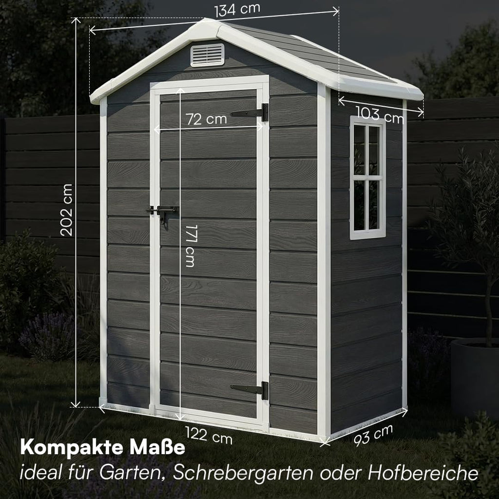 STEELSØN Novara Gerätehaus – Gartenschuppen mit Satteldach & Fenster – Gartenhaus 202x103x134 cm (HxTxB) – Geräteschuppen aus Kunststoff in Dunkelgrau – Gartenhütte wetterfest & rostfrei – Schuppen