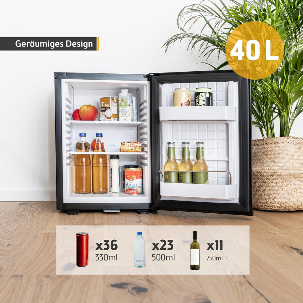 TZS First Austria - Mininevera 40L silenciosa y con cerradura - Mininevera pequeña, sentido de apertura de puerta reversible e iluminación interior - Minibar para camping, oficina, dormitorio y hotel - Negro mate