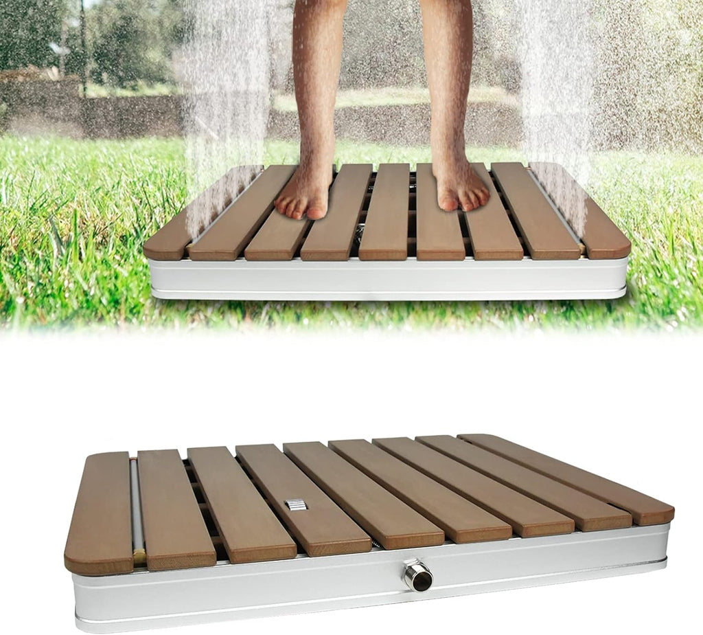 Ducha de jardín UISEBRT, ducha exterior de WPC y aluminio - Ducha de suelo móvil, ducha solar, ducha de camping - Altura de fuente ajustable hasta 4 m - Para piscina, jardín, terraza (cuadrada - marrón)
