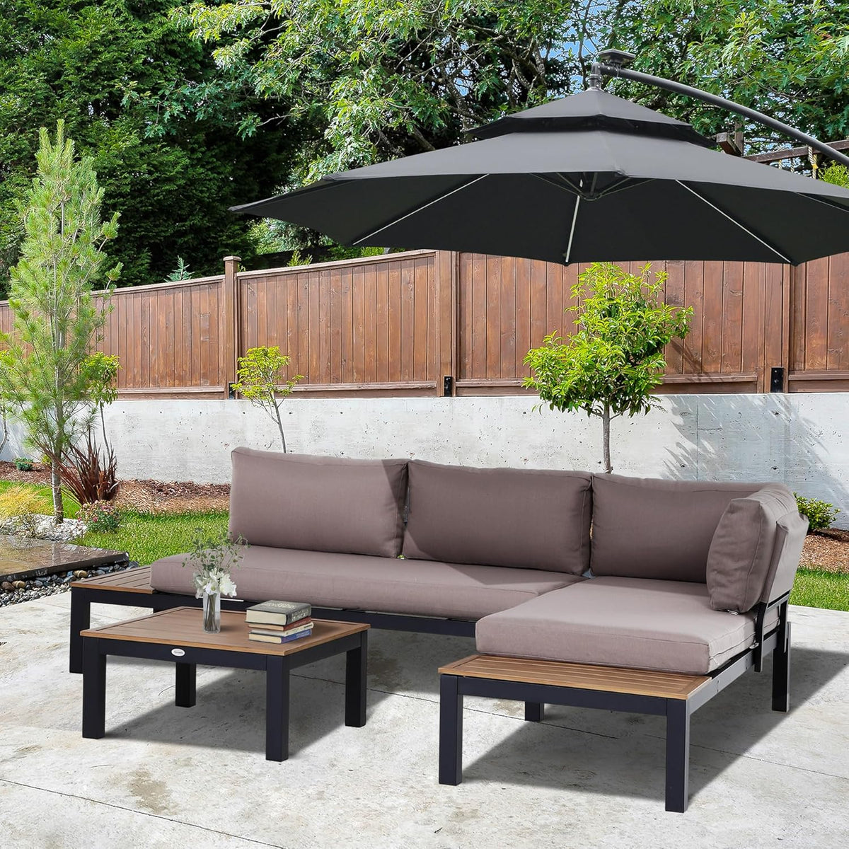 Set de muebles de jardín Outsunny de 3 piezas con mesa auxiliar, sofá con cojines, para exteriores, de aluminio, 164 x 74 x 69 cm