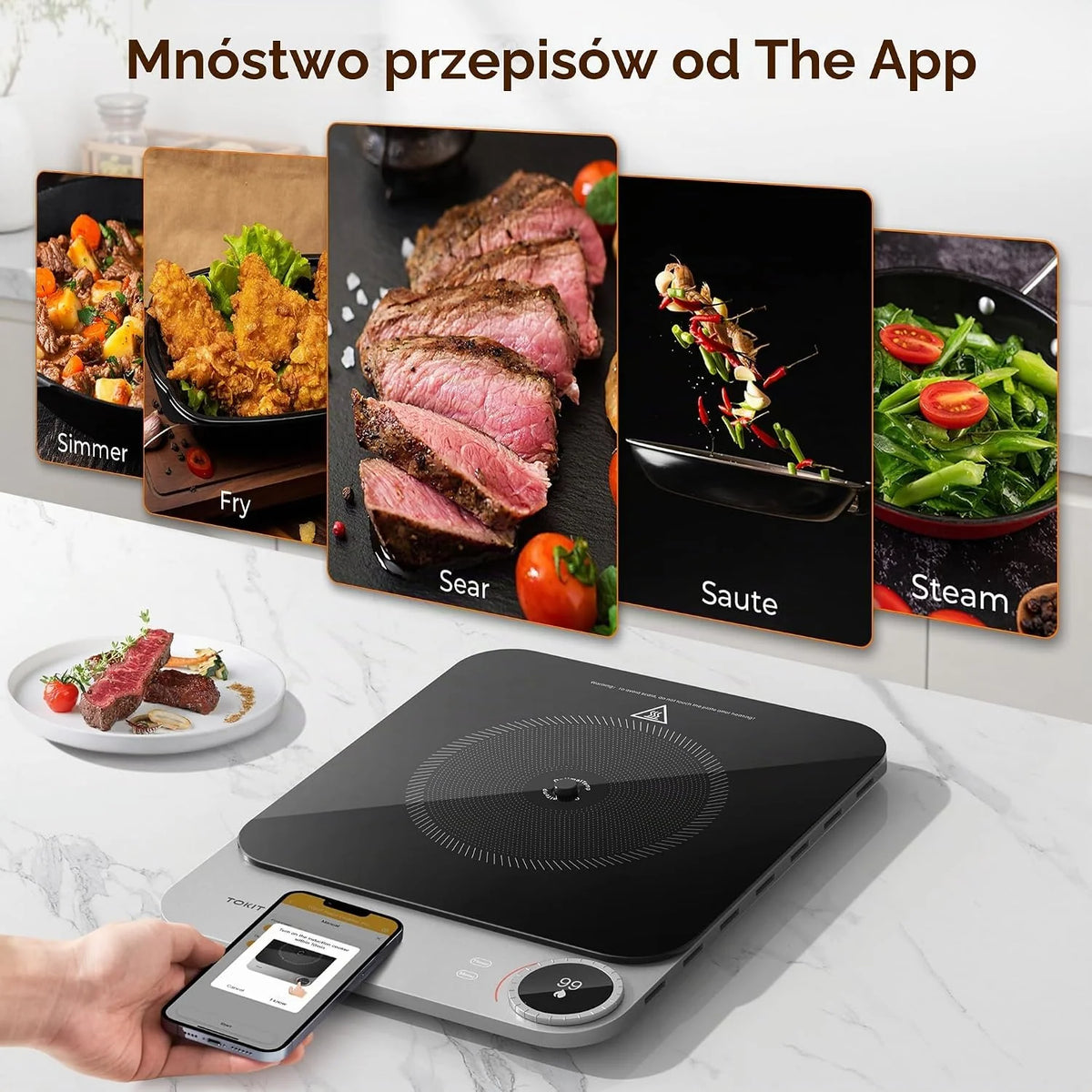 TOKIT Indukcyjna płyta grzewcza 2100 W ze sterowaniem przez aplikację, 99 poziomów mocy, ultra cienka kuchenka indukcyjna (20 mm), przenośna kuchenka indukcyjna do gotowania i biwakowania (aplikacja)