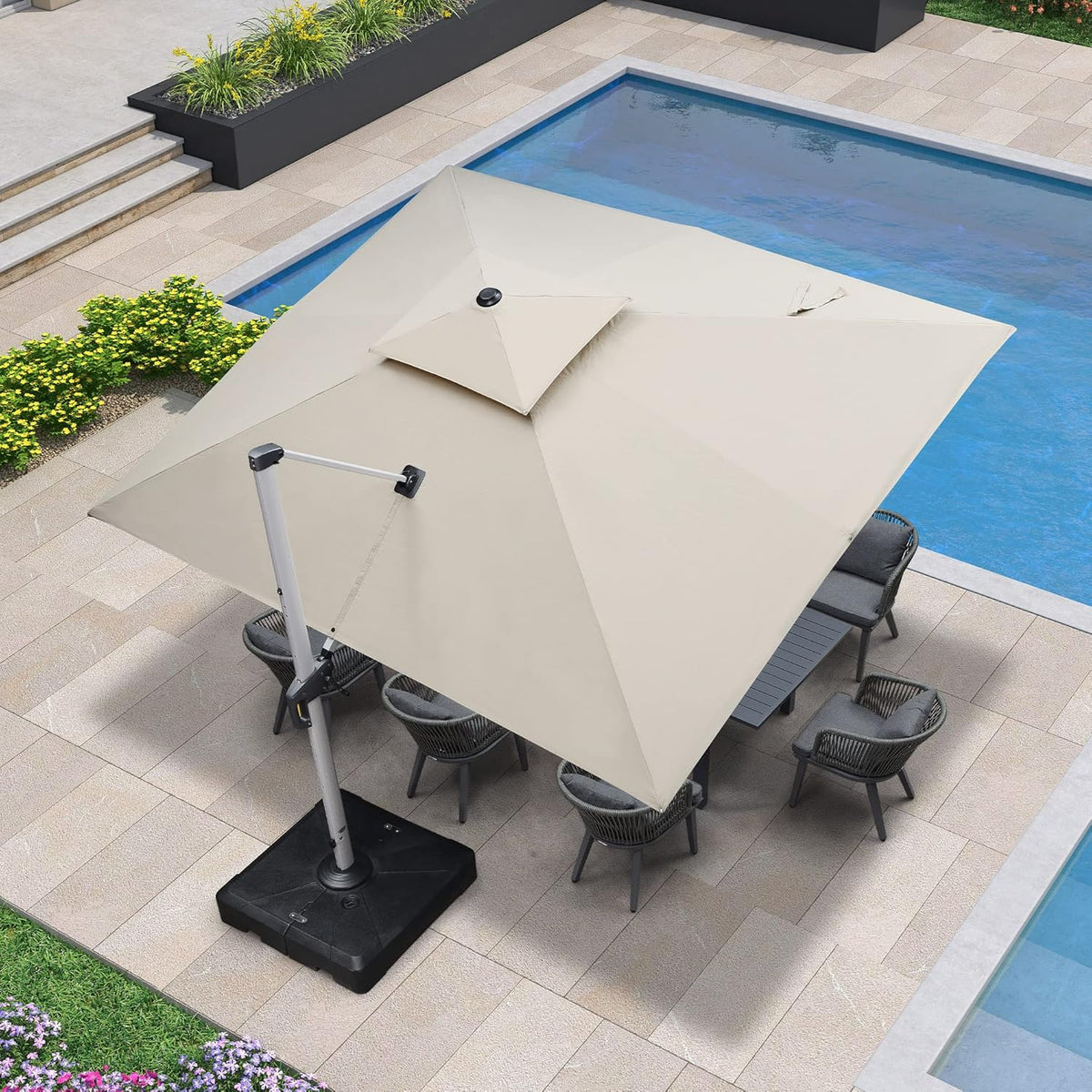 PURPLE LEAF Sombrilla rectangular de 300 x 365 cm, sombrilla lateral grande y estable, sombrilla de mercado grande con rotación de 360°, sombrilla de jardín con manivela, protección solar XXL UV50+, beige