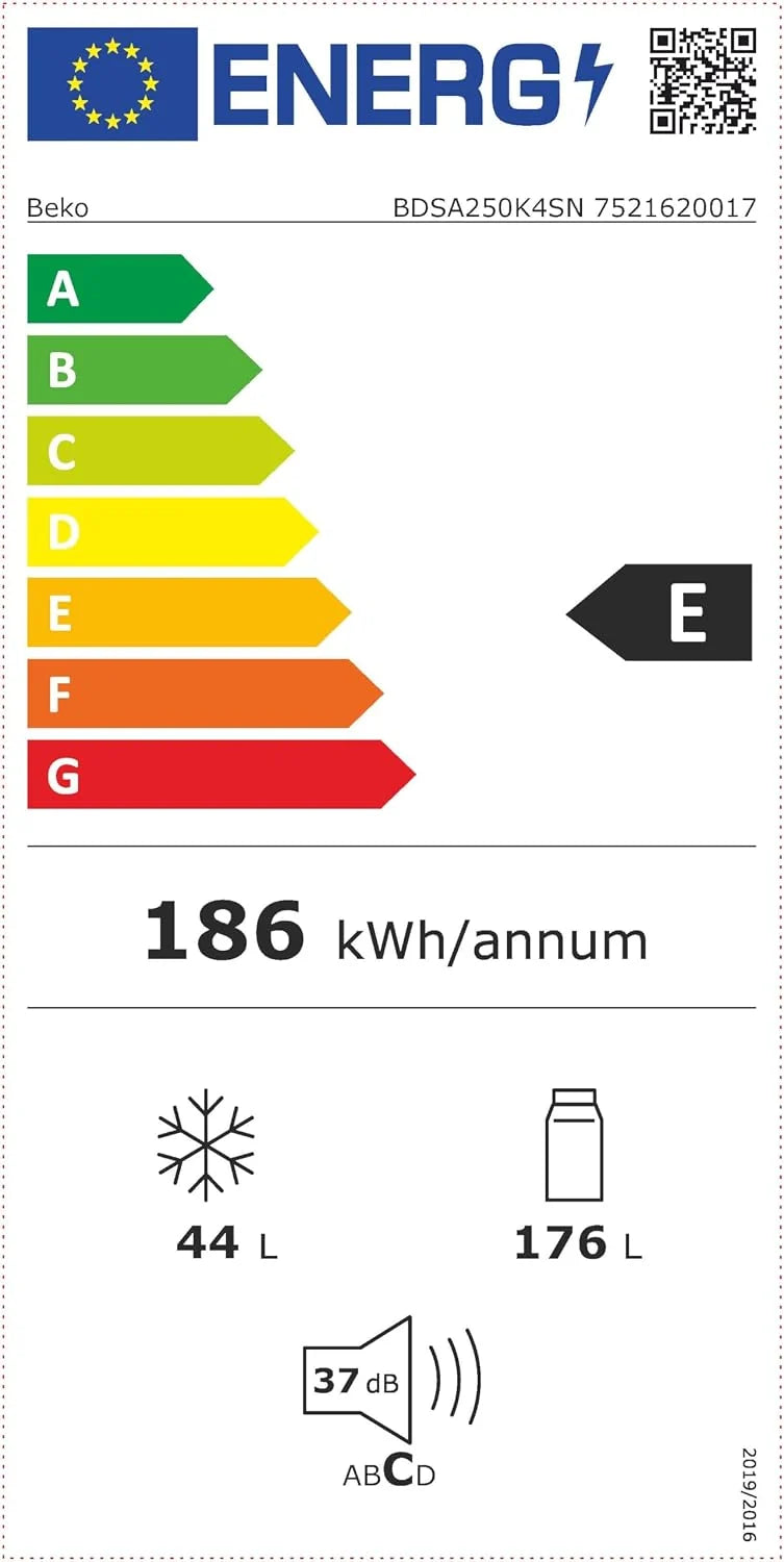 Beko BDSA250K4SN b100 lodówko-zamrażarka do zabudowy, pojemność użytkowa 220 l, chłodzenie 176 l, zamrażanie 44 l, wnęka 145, technologia drzwi holowanych, 37 dB, urządzenie do zabudowy, kolor biały