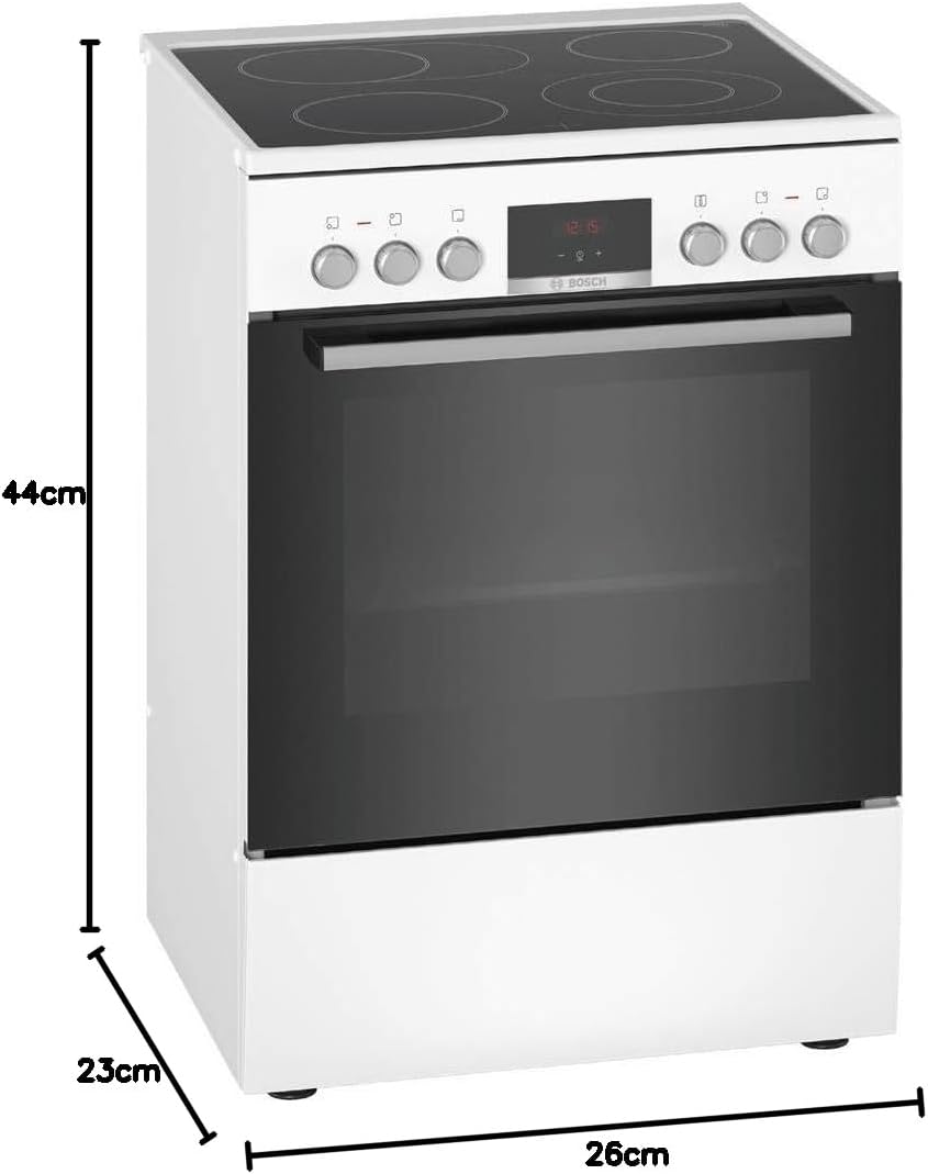 Cocina eléctrica de libre instalación Bosch Serie 4 HKR39C250, 60 cm de ancho, asistente de limpieza EcoClean Direct, aire caliente 3D para hornear en 3 niveles, control por pantalla LED, zona de cocción ampliable para recipientes grandes