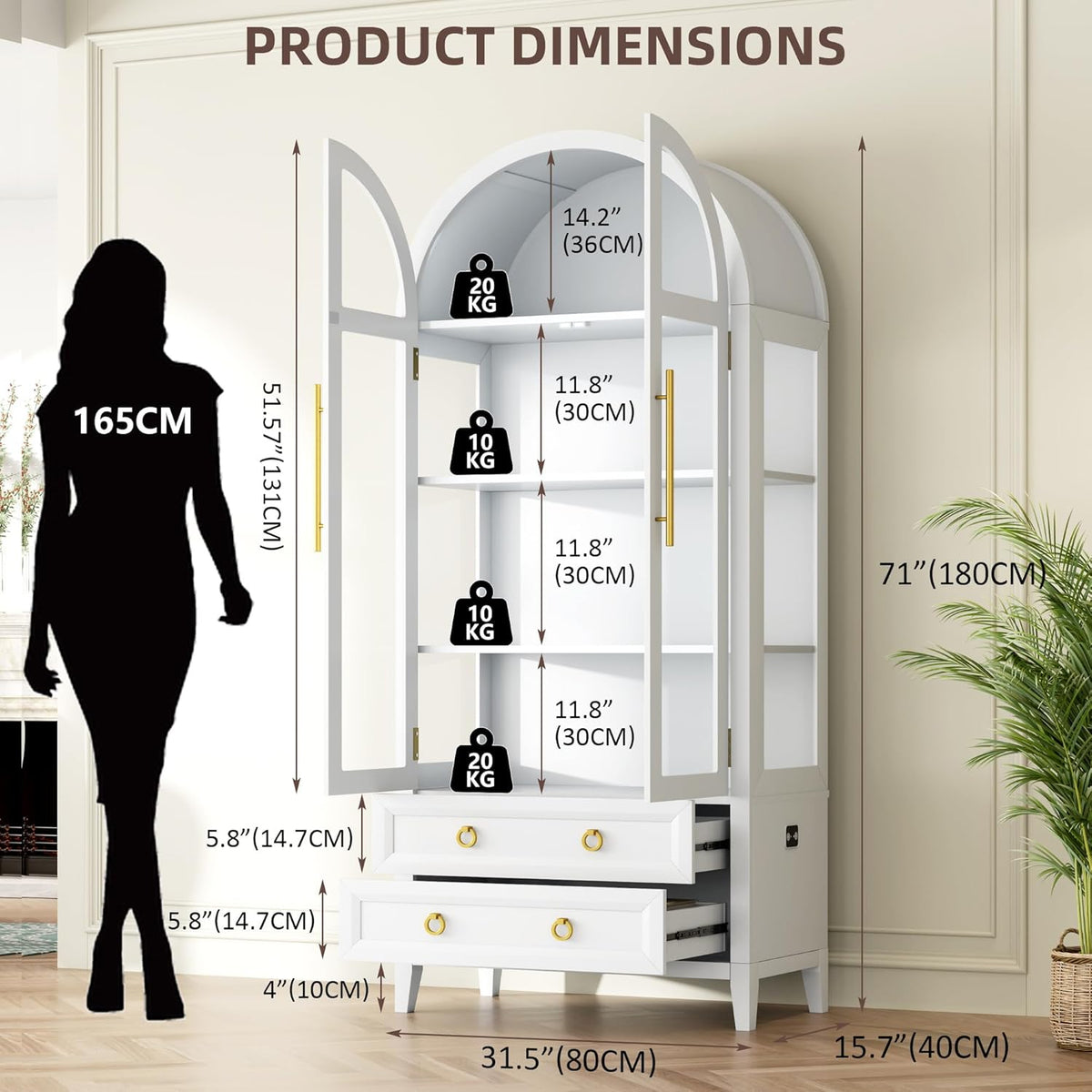 Vitrina de cristal arqueada LVSOMT con iluminación LED, mueble vitrina de 180 cm con puertas de cristal, vitrina curva con 4 estantes de exposición y 2 cajones, luz de 3 colores, vitrina de cristal y madera para salón y pasillo, blanco