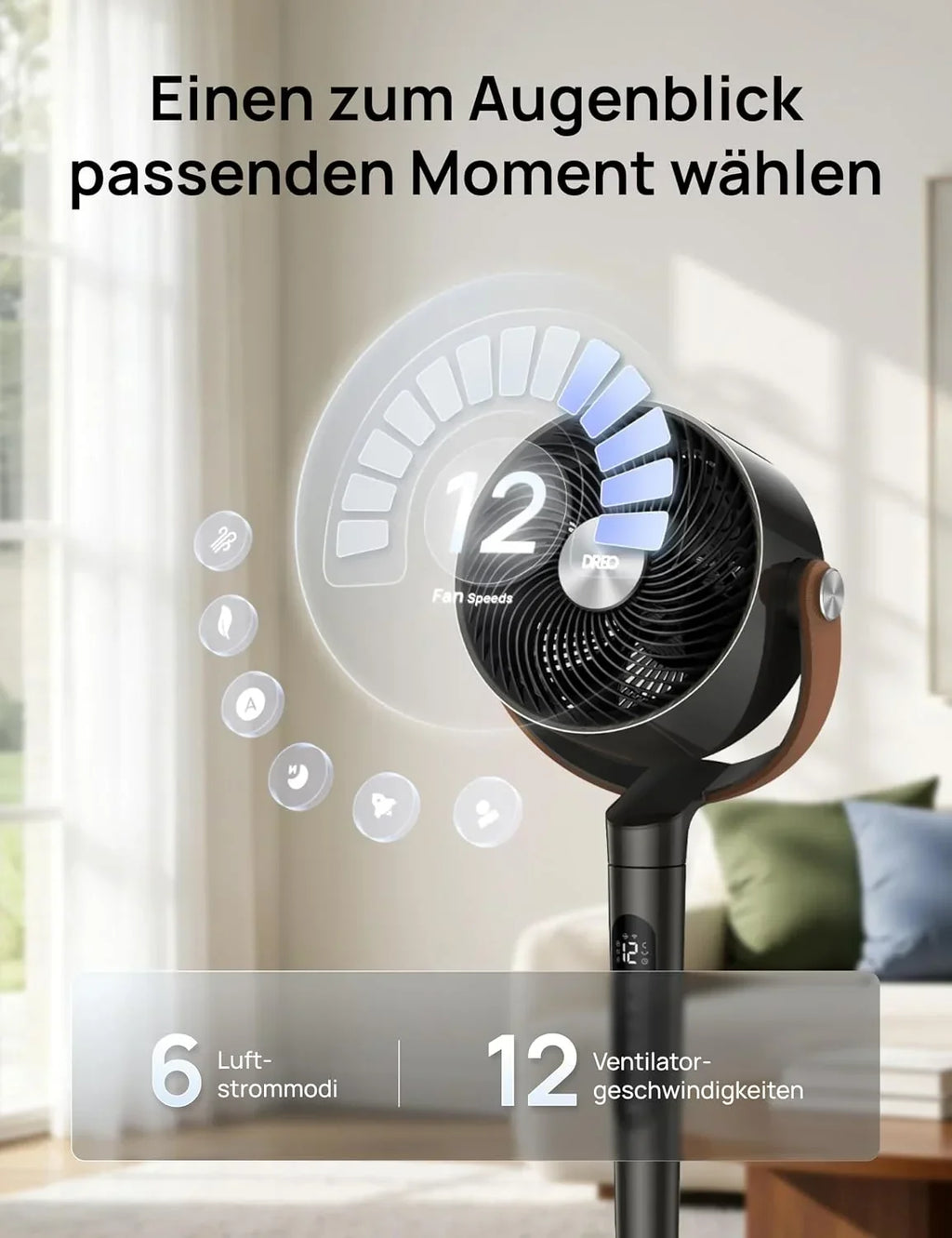 Ventilador de pie inteligente DR-HAF003S con Wi-Fi, luz LED RGB, oscilación de 150°, 12 velocidades y flujo de aire de 2209 m³/h