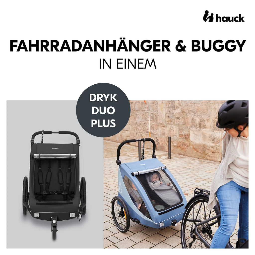 hauck Remolque de bicicleta y cochecito Dryk Duo Plus con suspensión, para 2 niños (6-48 meses), incluye barra de tiro, rueda de cochecito, bandera y luz LED, plegable, altura ajustable, maletero XL (verde oscuro)