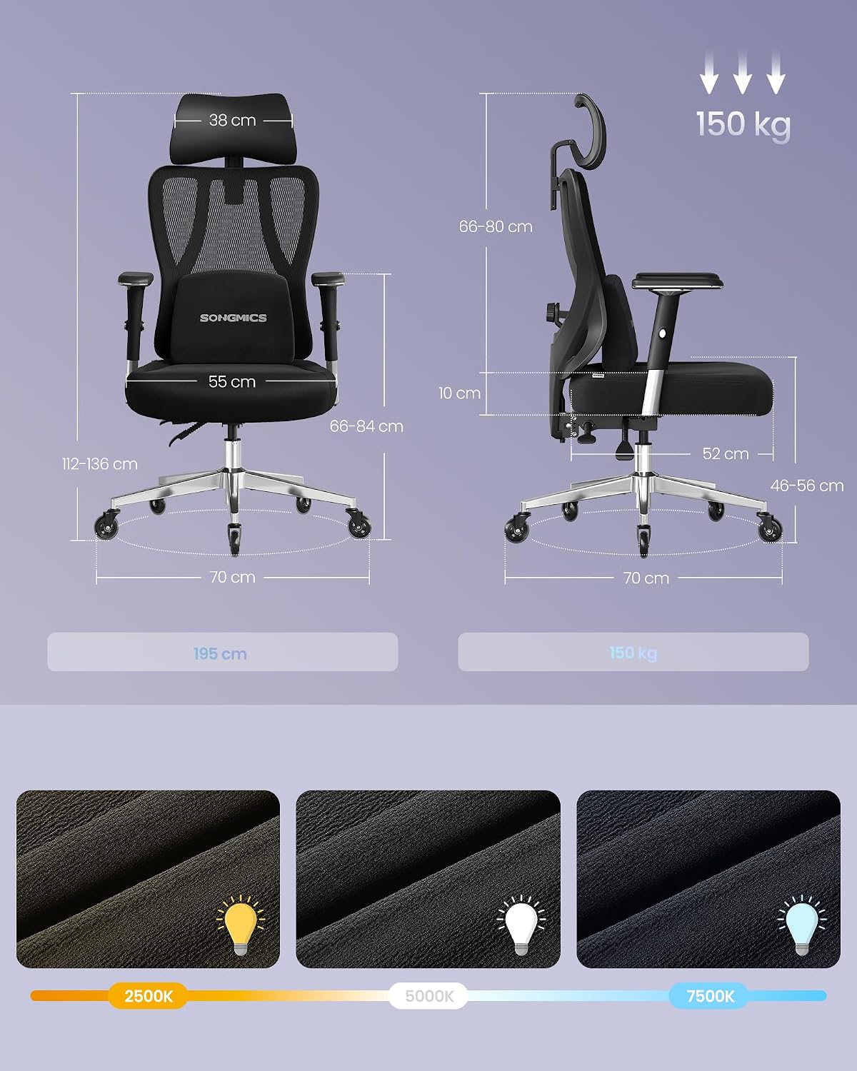 SONGMICS Ergonomiczny fotel biurowy, fotel gamingowy, regulowane podparcie lędźwiowe, zagłówek, podłokietniki, odpowiedni dla osób o różnych gabarytach, nośność do 150 kg, kolor czarny OBN067BH01