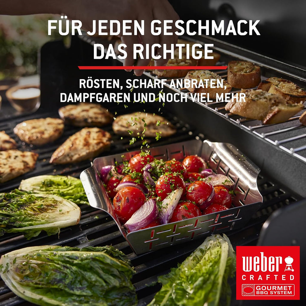 Barbacoa de gas Weber Spirit E-310 / 3 quemadores, encendido Snap-Jet, ruedas resistentes y rejilla de calentamiento, superficie de cocción de 51 x 46 cm, compatible con las mesas laterales Weber Works, negro/plateado