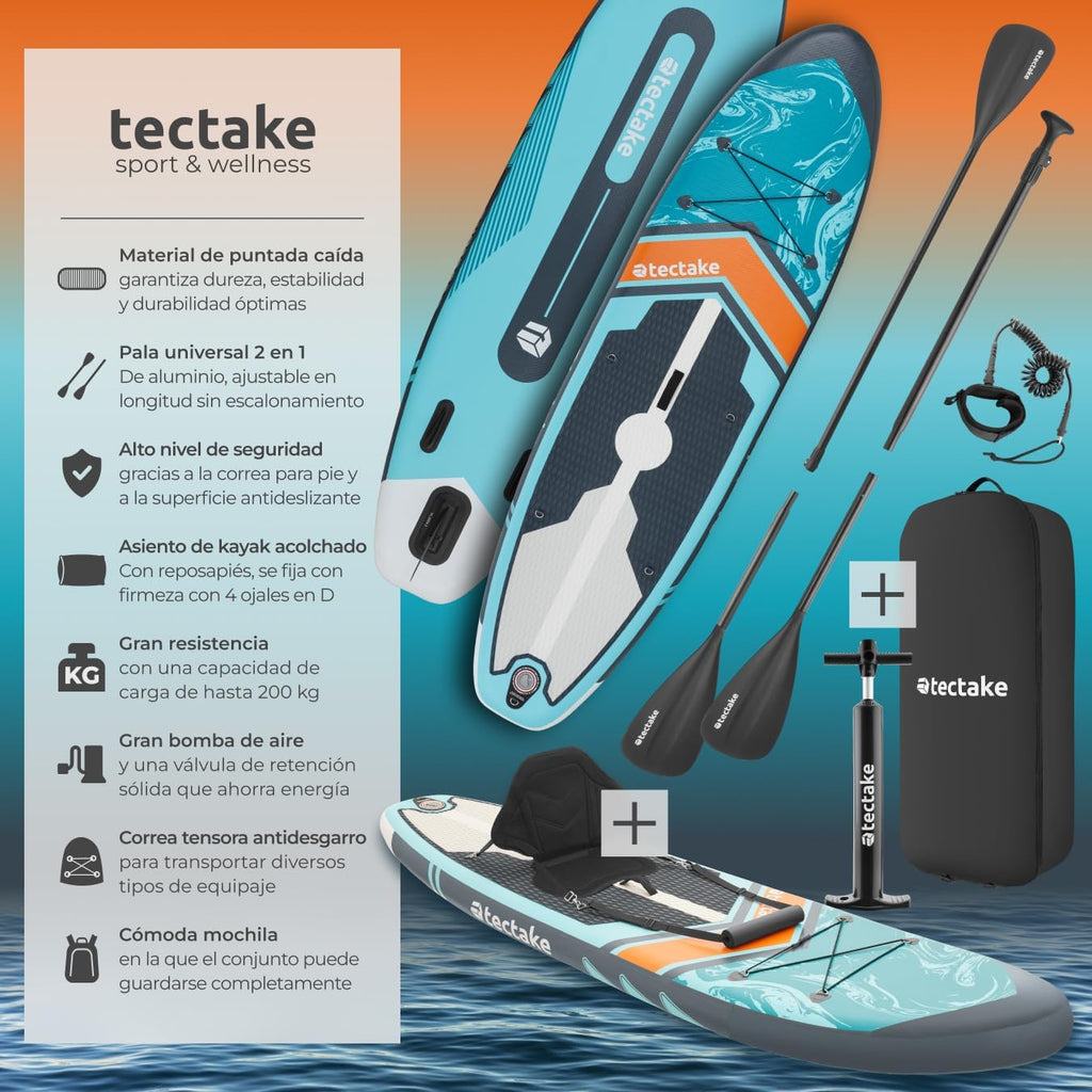 tectake® Tabla de Stand Up Paddle Hinchable, incluye remo 2 en 1, asiento de kayak, bomba de aire, mochila de transporte, Stand Up Paddle, accesorios para paddle surf, tabla hinchable