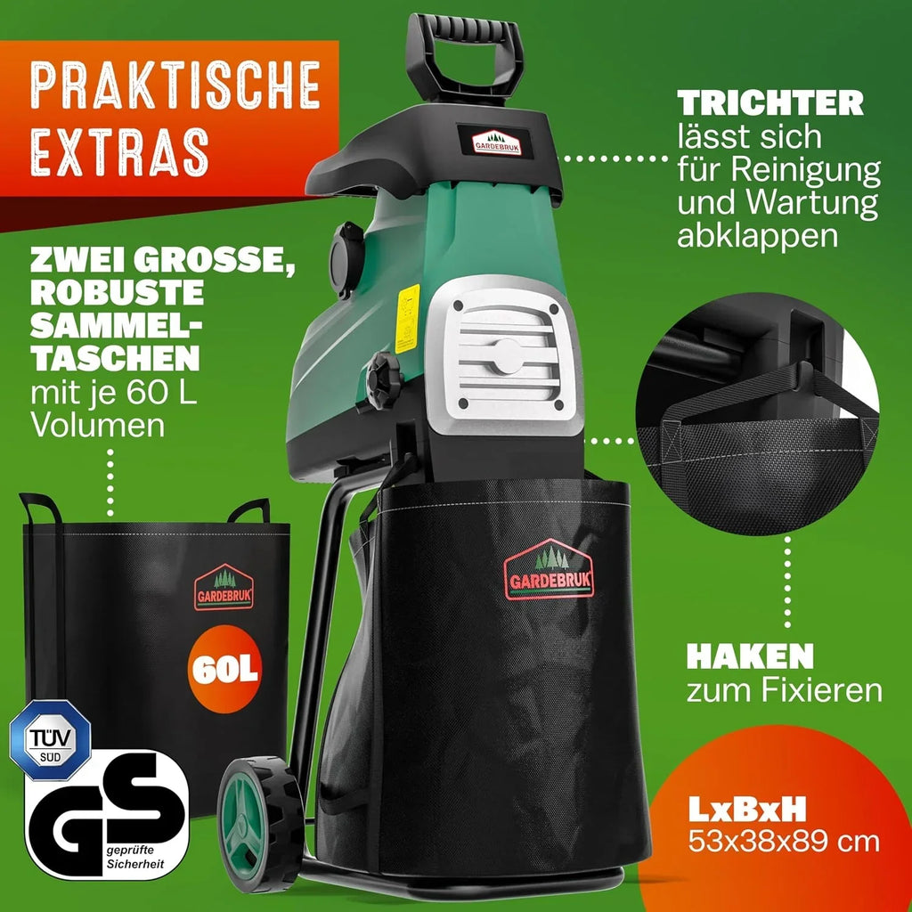 Trituradora de rodillo eléctrica DBHC002 3100 W hasta 44 mm de grosor de rama con 2 bolsas de recogida de 60 L