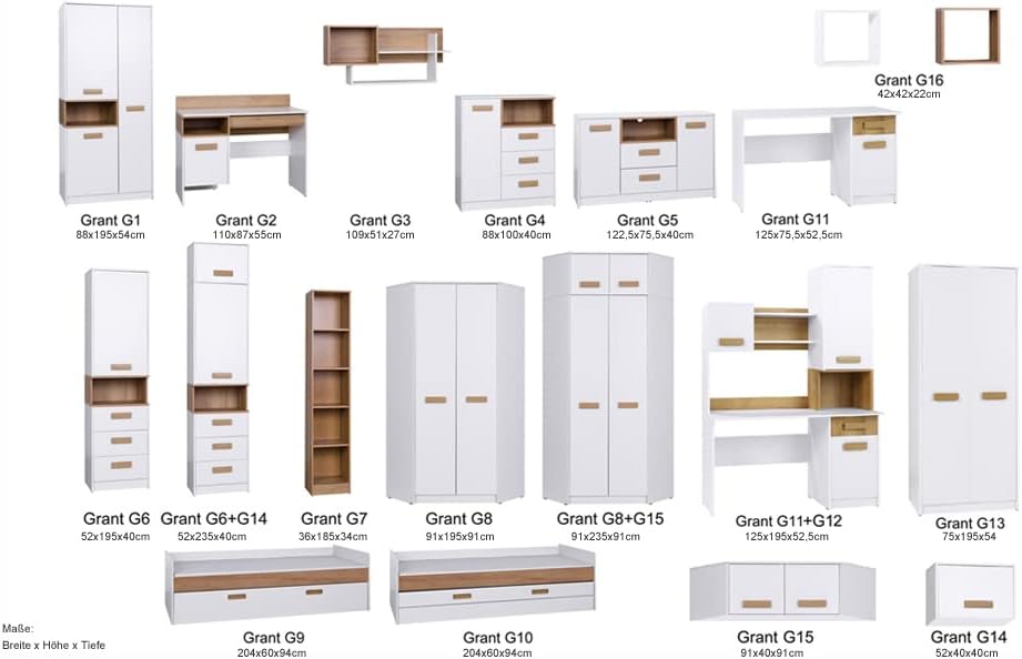 Marmex Grant G8+G15 - Armario esquinero 91x235x91 cm, estantería - armario esquinero con barras para ropa y estantes para habitación juvenil, dormitorio - armario rinconero - blanco + roble Riviera