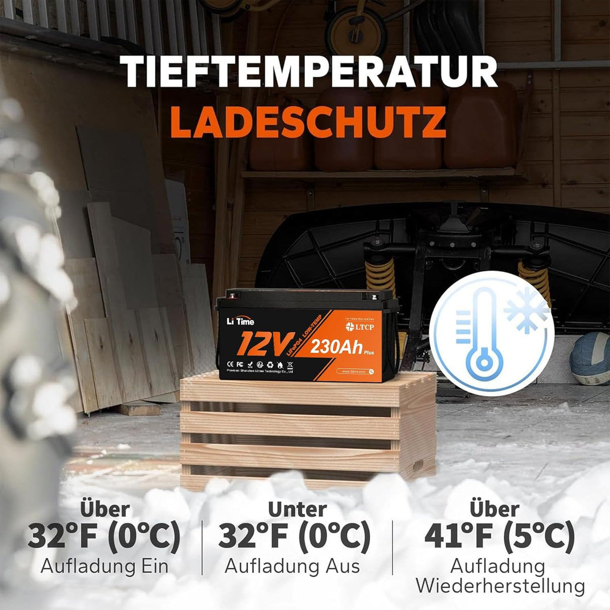 Batería Litime 12V 230Ah Plus LiFePO4 con protección a baja temperatura, BMS integrado de 200A, energía máx. de 2944Wh, batería de litio-ferrofosfato perfecta para autocaravanas, camping, sistemas solares, barcos y almacenamiento de energía doméstico.