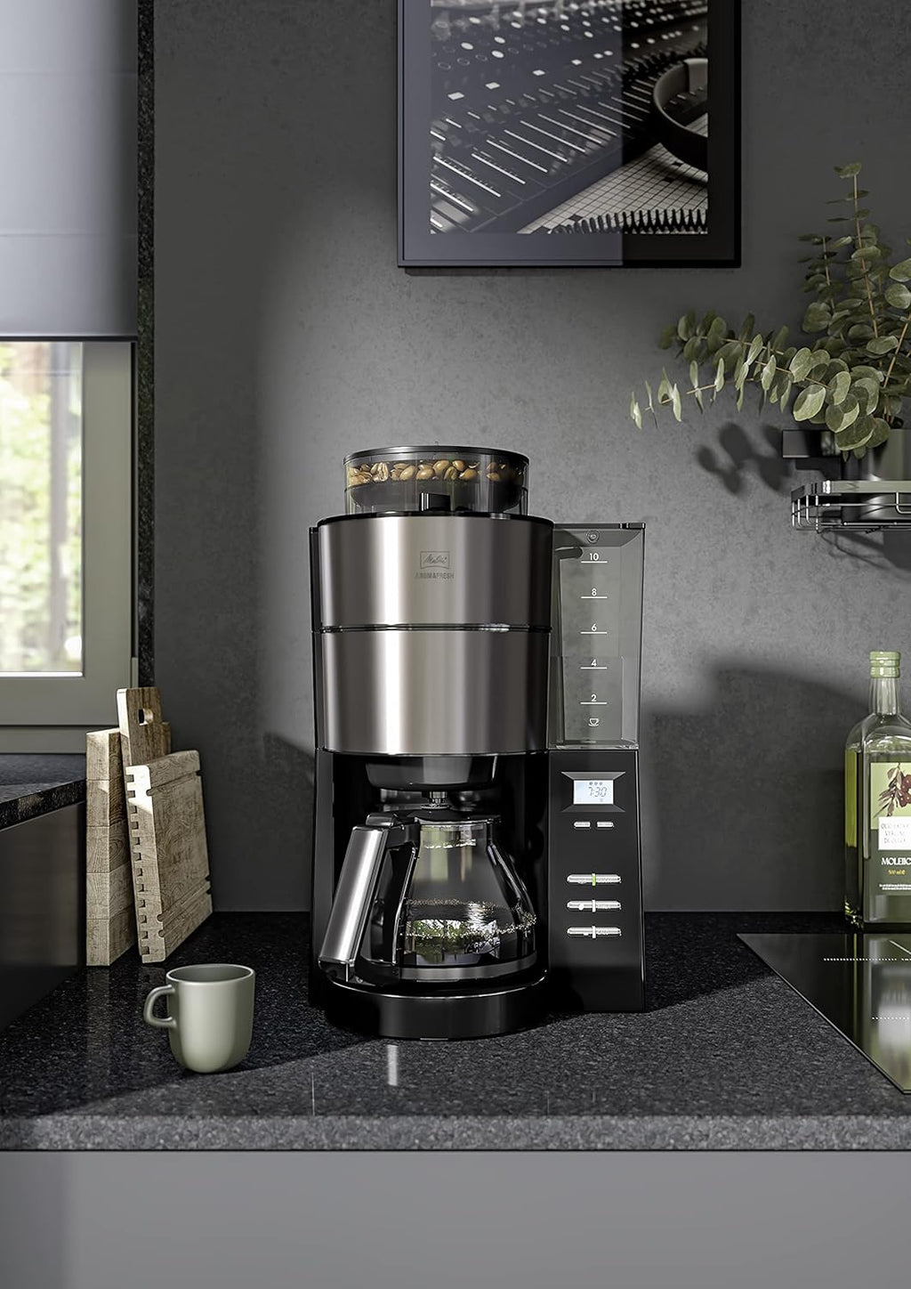 Melitta AromaFresh - Cafetera de filtro - con jarra de cristal - molinillo integrado - función de temporizador - 10 tazas - Negro puro