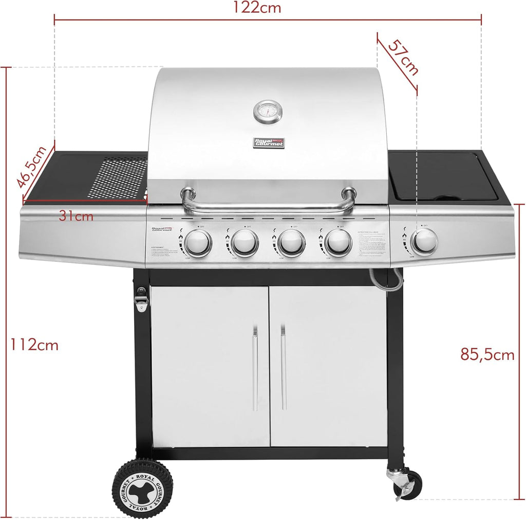 Barbacoa de Gas Royal Gourmet de 4+1 Quemadores de Acero Inoxidable, Parrilla de Gas de 14,5 kW de Potencia con Mesas y Termómetro, 2 Ruedas Direccionales, 2 Puertas, Adecuada para Jardín y Exterior, Plata