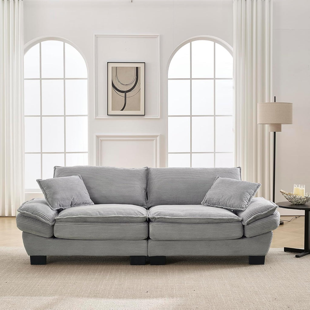 Sofá de 3 plazas, sofá con reposabrazos, cojines decorativos, sofá tapizado con funda de pana, acolchado grueso, sofá lounge, capacidad de carga hasta 450 kg, para sala de estar, dormitorio, 224x81x81cm (gris claro)