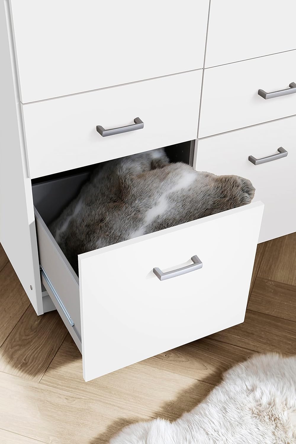Armario de puertas batientes Rauch Möbel Bremen, armario ropero en blanco con 2 espejos y 8 cajones, 4 puertas, incluye paquete de accesorios Basic, 1 barra de armario, 4 estantes, ancho x alto x profundidad 181x199x58 cm