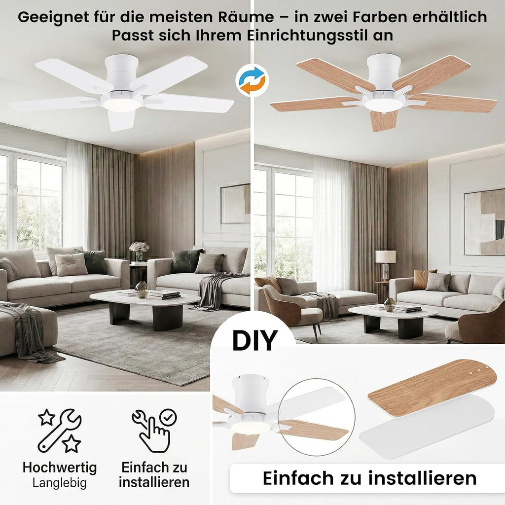 Ventilador de techo con iluminación, 122 cm, con mando a distancia, motor de CC silencioso y reversible, 3 temperaturas de color con memoria, regulable, 6 velocidades, temporizador, para dormitorio, blanco