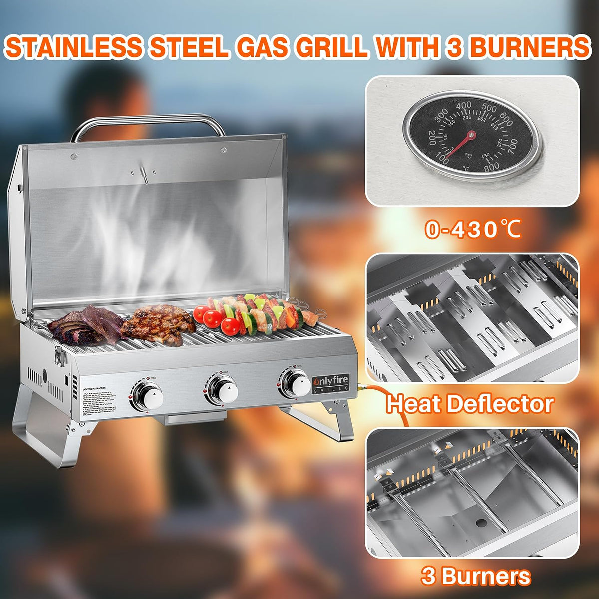 Onlyfire Parrilla de gas portátil de 3 quemadores | Parrilla de mesa con rejilla | 7 kW | Superficie de cocción 56,5 × 34 cm | con termómetro, tapa | Patas plegables | Parrilla de camping para terraza, balcón y jardín