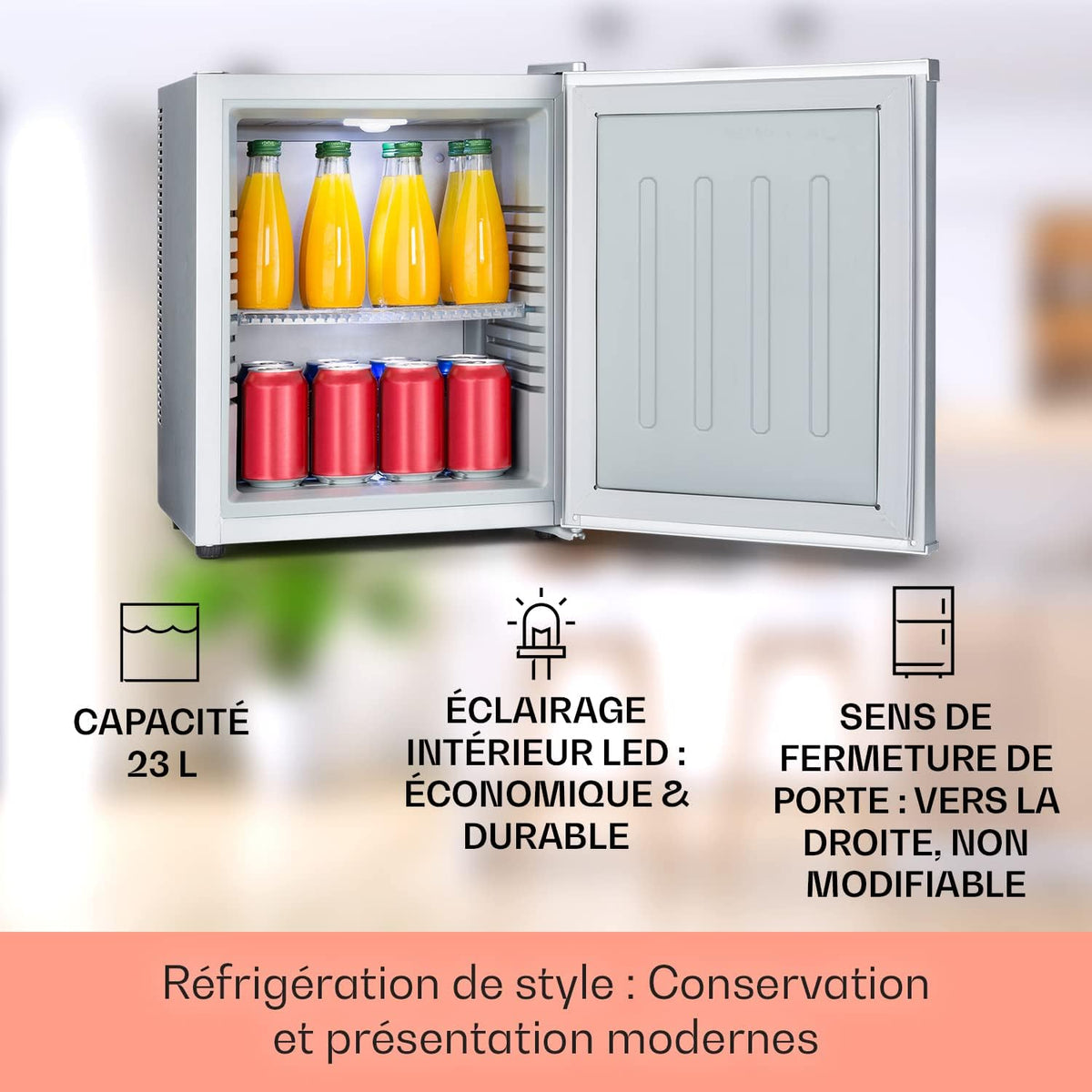 KLARSTEIN Petit refrigerador de habitación de 23L para aperitivos y bebidas, mininevera silenciosa, minibar, nevera de camping, refrigerador para cosméticos, refrigerador con estantes ajustables, 5-15°C