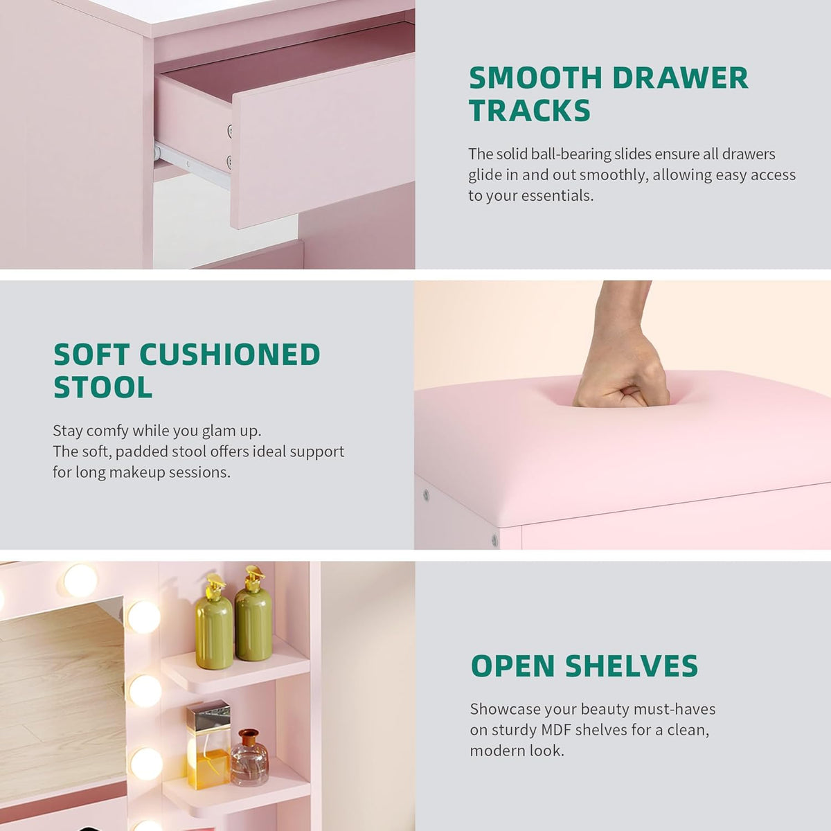 Tocador YITAHOME con iluminación, mesa de maquillaje con espejo y taburete, 3 colores con brillo ajustable, tocador con 4 cajones y compartimentos abiertos, mesa de tocador rosa