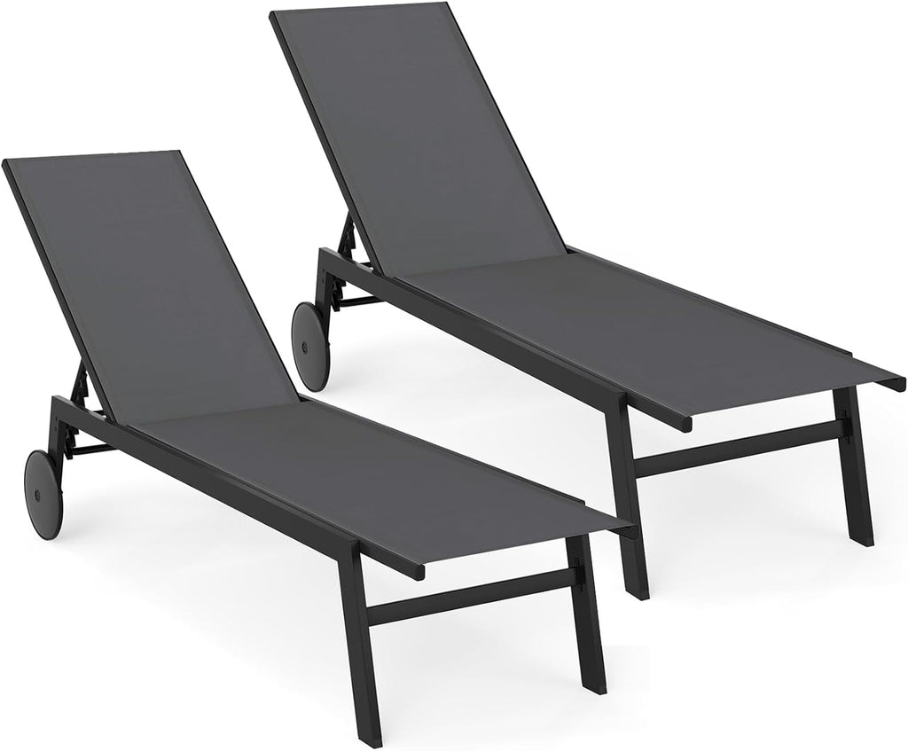COSTWAY Juego de 2 tumbonas con ruedas, silla de jardín con respaldo ajustable y tela de secado rápido, tumbona con ruedas con capacidad de carga de hasta 150 kg, silla para jardín, balcón, terraza (gris)