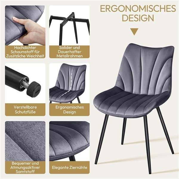 Juego de 6 sillas de comedor Yaheetech, sillas tapizadas con respaldo, para salón, cocina y comedor, asiento de terciopelo, con patas de metal, capacidad de carga de hasta 150 kg, gris oscuro