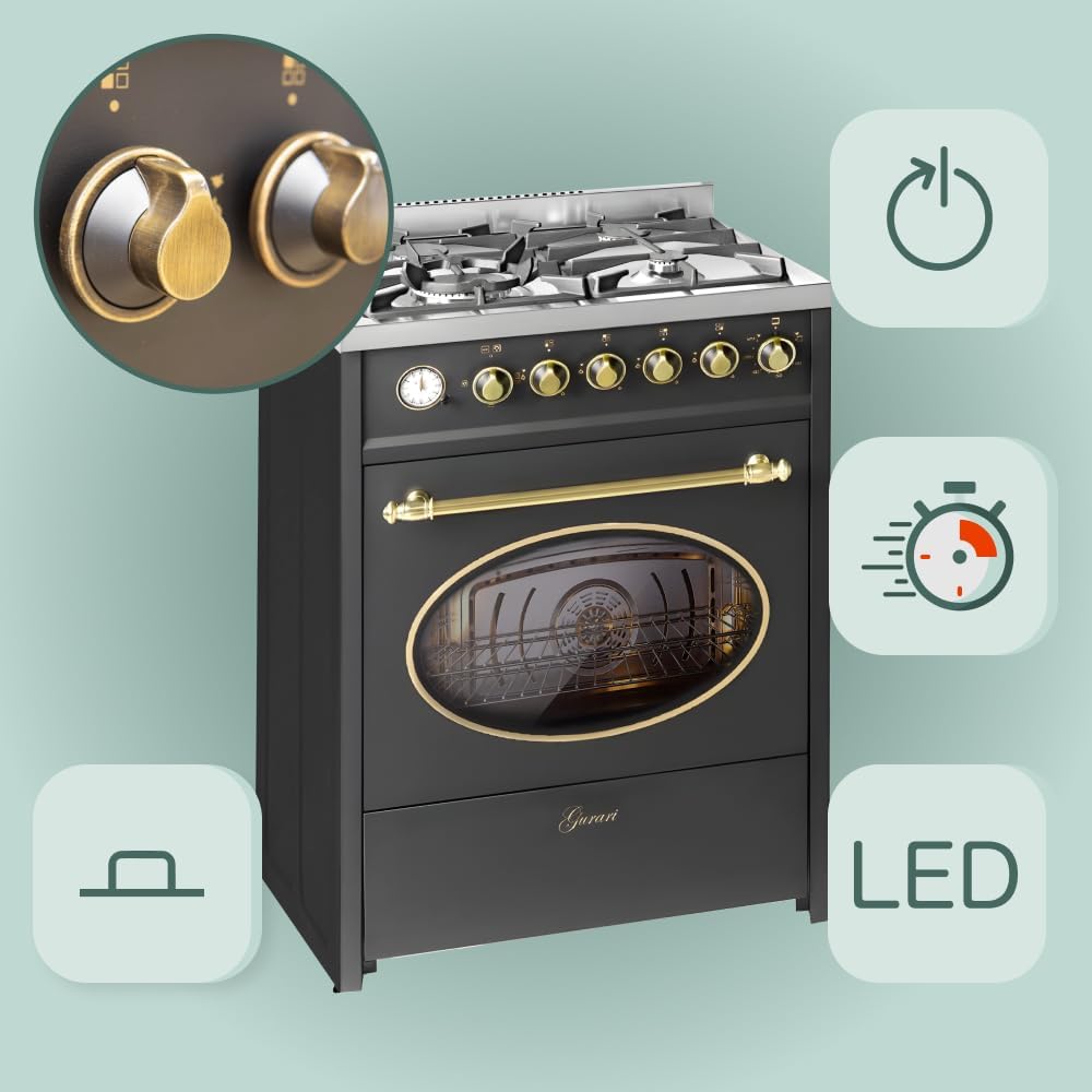 Cocina de gas GURARI con horno a gas GCH G 614 BR independiente 60 cm | Grill a gas | Rustipollo | Temporizador analógico eléctrico con función STOP | Cajón con sistema push-pull | Control de gas | Cocina tipo Range Cooker gas natural/propano