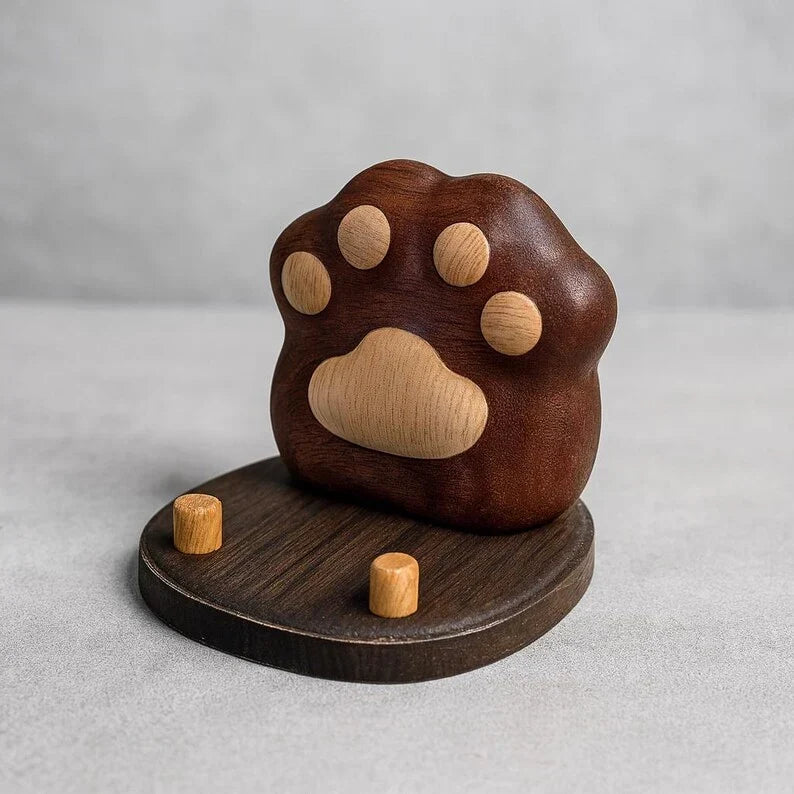 Soporte de madera hecho a mano para teléfono móvil con diseño de huella de perro, organizador de escritorio, madera natural