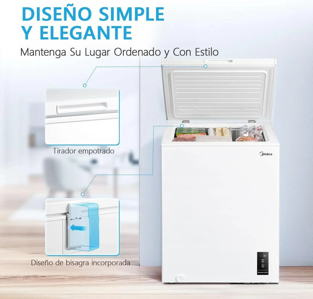 Arcón Congelador Horizontal Pequeño MIDEA de 99L, Motor Inverter, Control Electrónico de Temperatura, Tecnología D-TYPE Tube, Cestas con Asa, Easy Move, Silencioso 39dBA, Bajo Consumo, Blanco