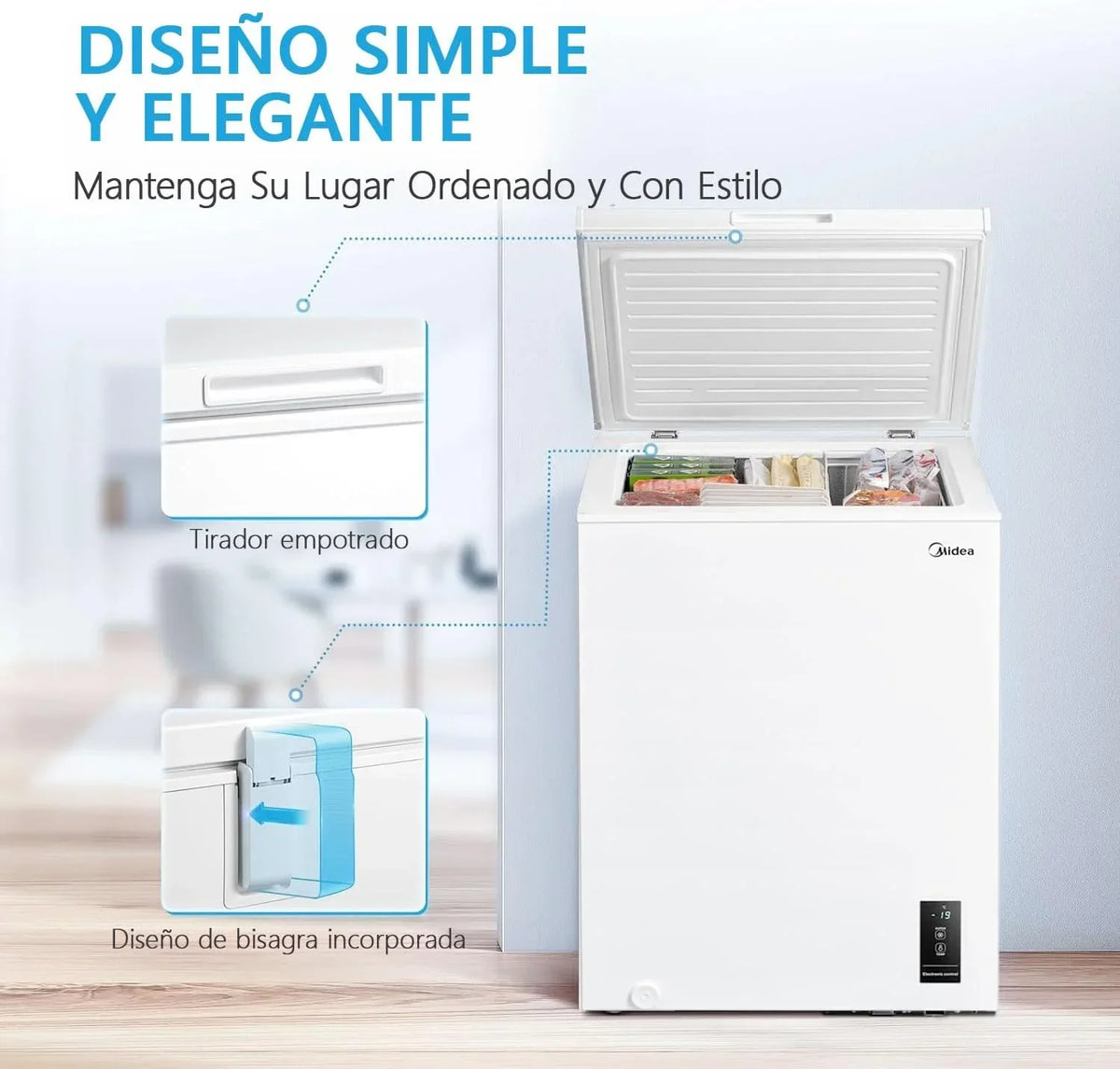 Arcón Congelador Horizontal Pequeño MIDEA de 99L, Motor Inverter, Control Electrónico de Temperatura, Tecnología D-TYPE Tube, Cestas con Asa, Easy Move, Silencioso 39dBA, Bajo Consumo, Blanco
