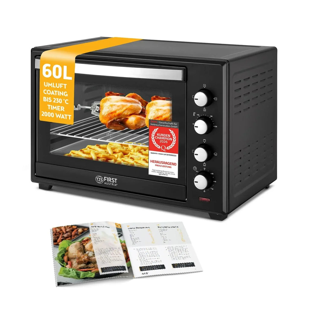 Minihorno TZS First Austria 60 L 2000 W, horno para pizza, 230 °C, 6 modos, temporizador de 60 min, 4 alturas de inserción, bandeja de horno, rejilla, asador giratorio, A++