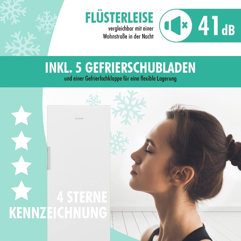 Congelador Bomann® NoFrost, congelador independiente, 194 litros de capacidad neta | No Frost: nunca más tendrá que descongelar, función de congelación rápida y sistema MultiAirflow | Bisagra de puerta reversible | GS 7326.1
