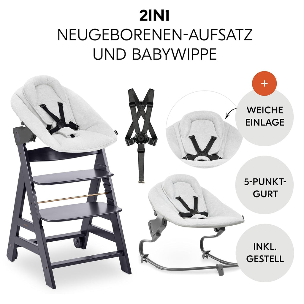 hauck Trona Beta+ Newborn Set Premium Dark Grey - Set de trona para bebé desde el nacimiento con accesorio para recién nacido Bouncer, cojín de asiento y bandeja - Gris oscuro