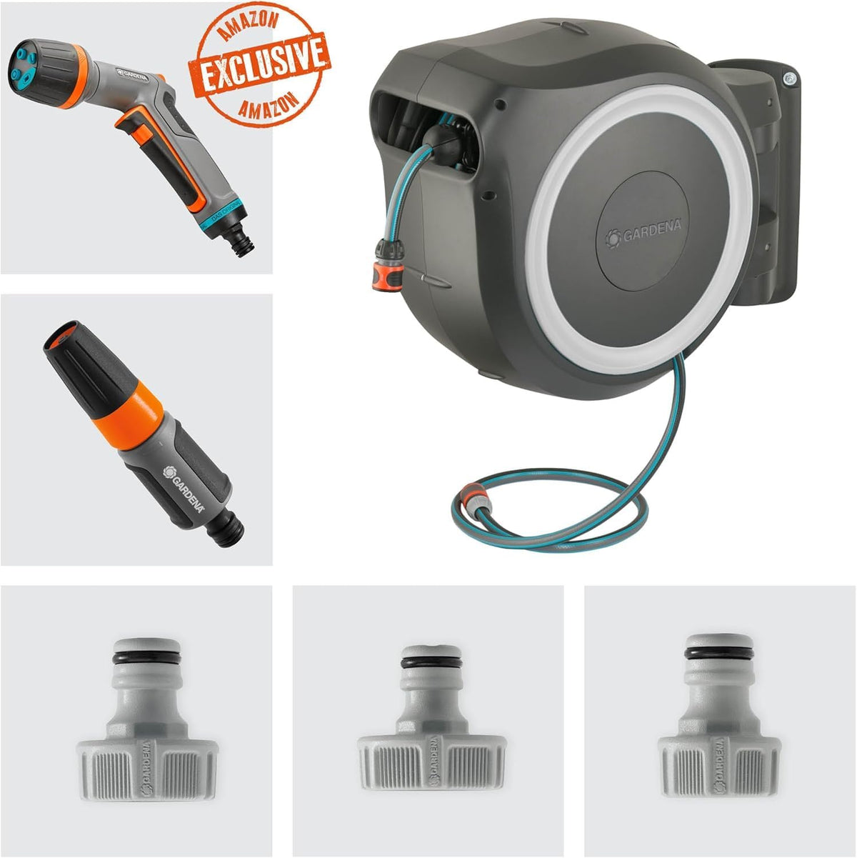 Caja portamangueras de pared RollUp L de Gardena (blanca) 30 m exclusiva para Amazon: caja portamangueras orientable, guía de manguera integrada, incluye manguera de calidad Gardena de 30 m, lanza de limpieza y pistola pulverizadora (18627-38)
