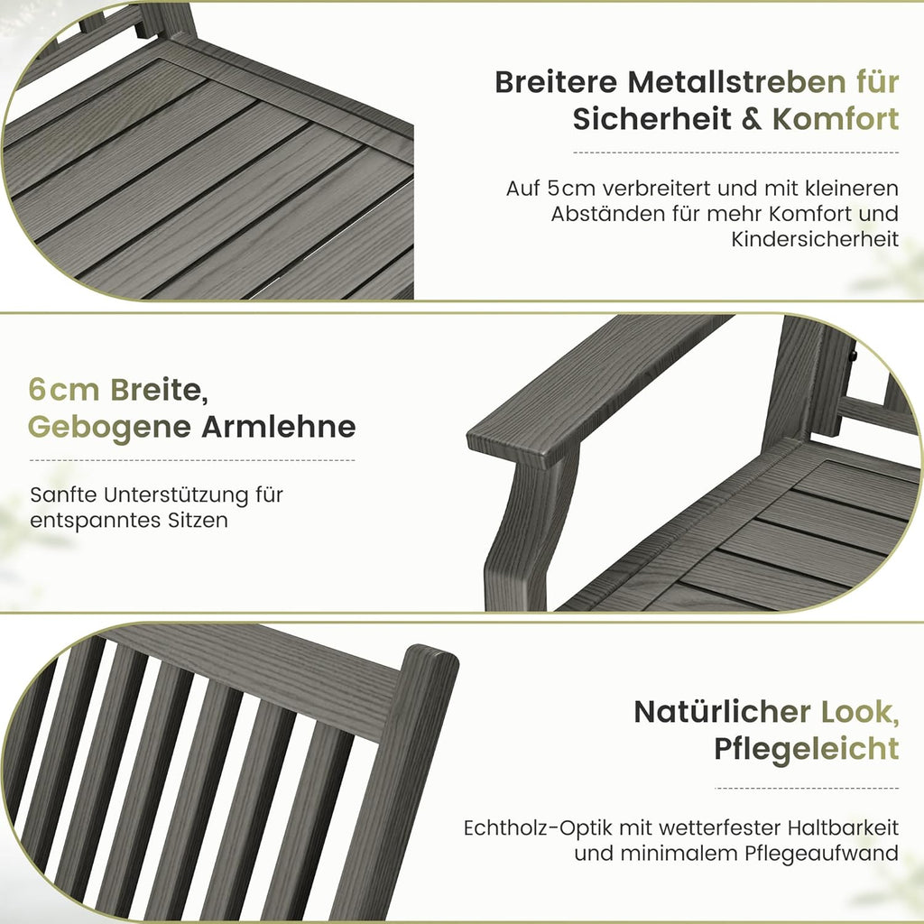 UDPATIO Banco de jardín de metal con aspecto de madera, banco resistente a la intemperie para exteriores, banco de 2-3 plazas para balcón y jardín, muebles de balcón con respaldo y reposabrazos, gris