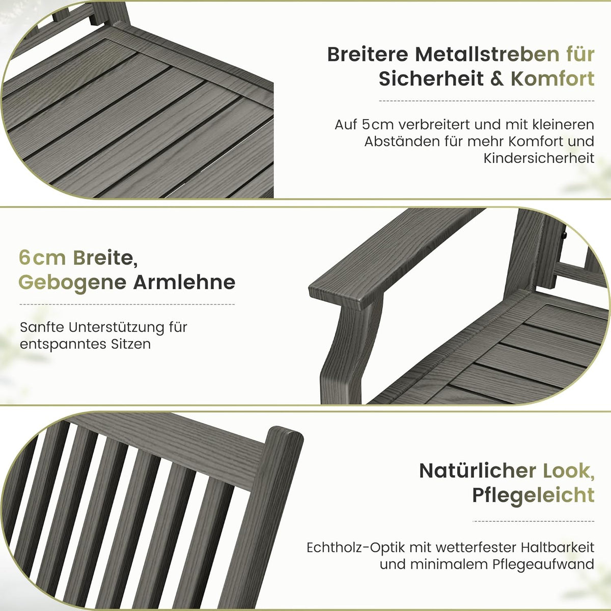 UDPATIO Banco de jardín de metal con aspecto de madera, banco resistente a la intemperie para exteriores, banco de 2-3 plazas para balcón y jardín, muebles de balcón con respaldo y reposabrazos, gris