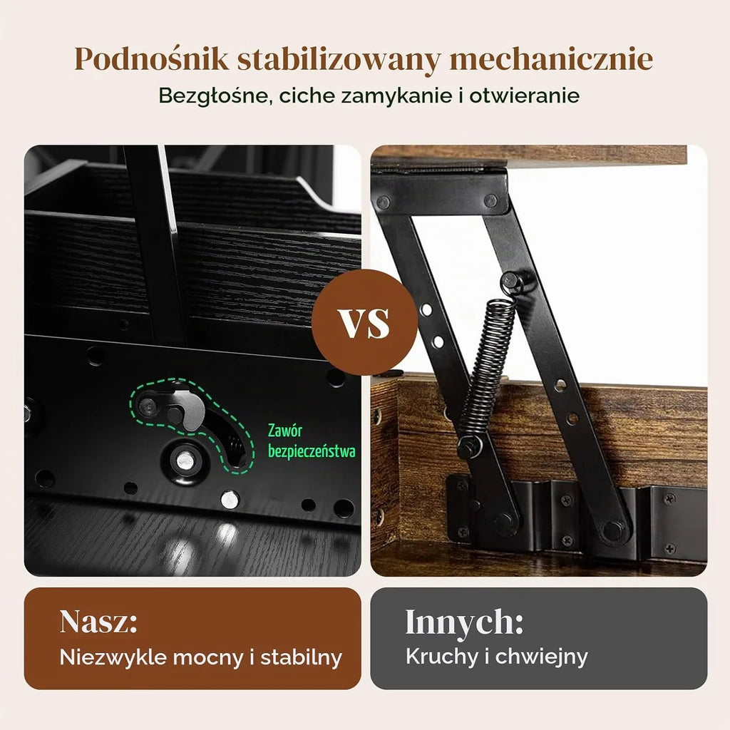 VOWNER Stolik kawowy z regulacją wysokości, wielofunkcyjny stół do salonu 3 w 1 z ukrytym schowkiem, stolik kawowy, możliwość przekształcenia w salon, stół jadalny, czarny z rysunkiem słojów drewna