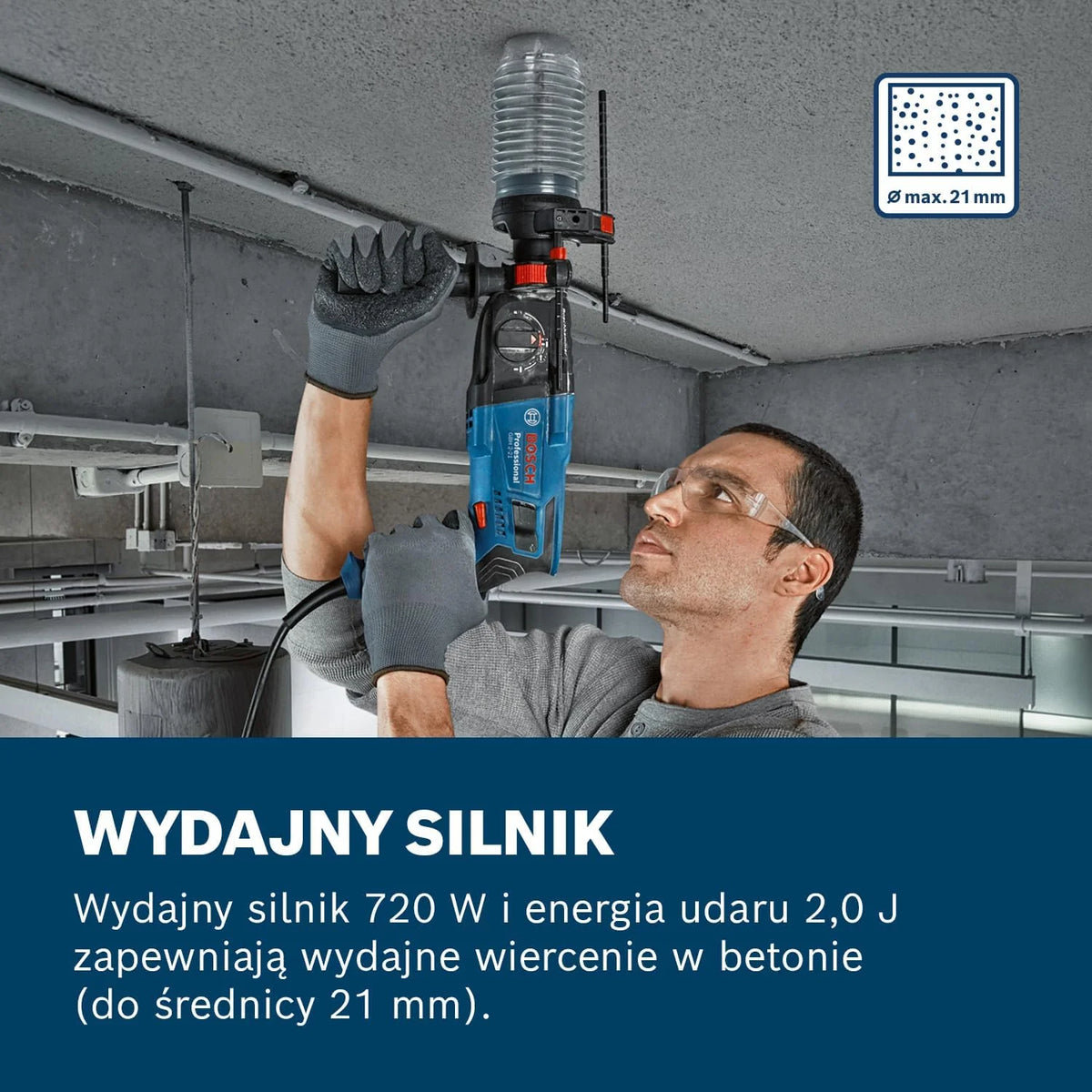 Bosch Professional Młot udarowo-obrotowy GBH 2-21 Professional (uchwyt SDS plus, 3 wiertła SDS plus, (6/8/10 mm), rękojeść dodatkowa, sukno maszynowe, ogranicznik głębokości, walizka)