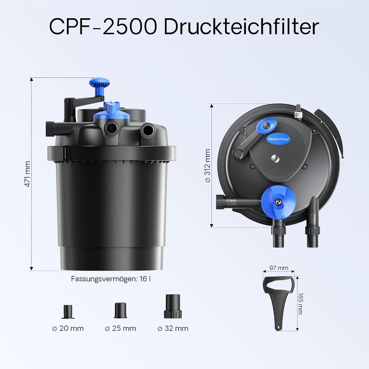 Kit completo SunSun: Filtro de presión para estanque CPF-2500 de hasta 6000 l con clarificador UVC de 11 W, bomba de estanque NEO-2800 SuperECO de 3000 l/h y 10 W, 5 m de manguera para estanque de 32 mm (1 1/4"), abrazaderas W1 44-47 mm