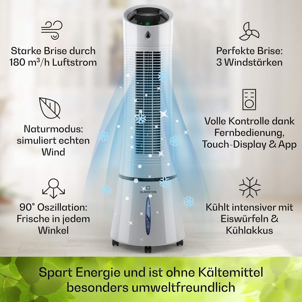 Klarstein 4 en 1: Enfriador de aire inteligente, ventilador, humidificador e ionizador I Depósito de agua de 6 L, oscilación, 30 W, 210 m³/h, temporizador I Aire acondicionado sin tubo de escape, aire acondicionado portátil, negro-oro rosa