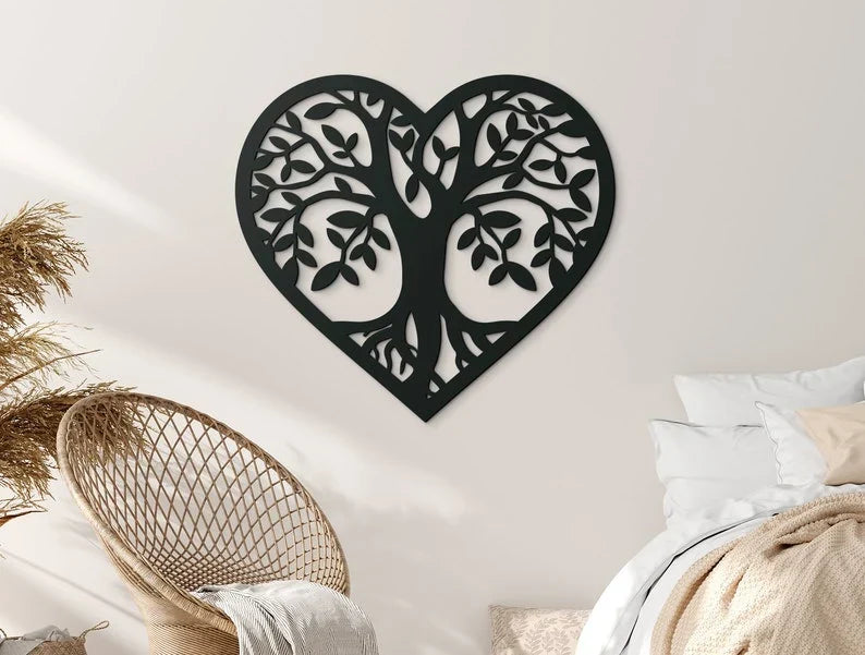 Decoración de pared 3D de madera Árbol de la vida con corazón, HDF, 32,5-97,5 cm, madera natural